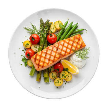 a plate with salmon and vegetables on it isolated on transparent or white background. PNG
