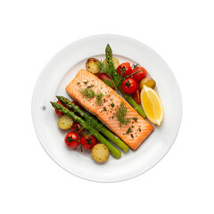 a plate with salmon and vegetables on it isolated on transparent or white background. PNG
