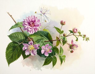 Botanical illustration of bramble flowers in pink and white on a branch with leaves