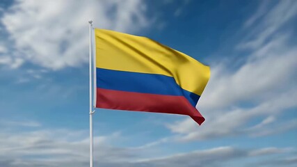 Colombian flag waving proudly against a bright blue sky with fluffy white clouds, ideal for patriotic use - Powered by Adobe