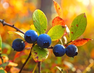 Close-up of fresh blueberries growing on a branch with colorful autumn leaves