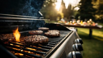 A close up shot shows several hamburger patties cooking on a grill with flames visible, suggesting a summer barbecue party in a backyard setting with a table laden with food in the distance.