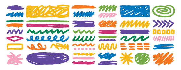 Hand drawn wax crayon doodle strokes colorful sketch art set