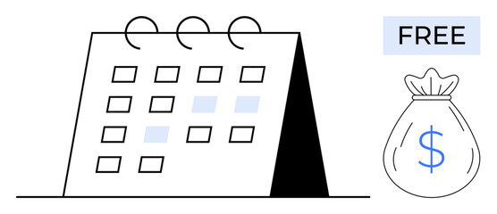 Tent-style calendar marked with blue squares, FREE tag, money bag with dollar sign. Ideal for scheduling, no-cost events, financial planning, budgeting, promotions, organization simple flat metaphor
