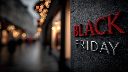 Black friday sign on store facade during shopping season, copy space