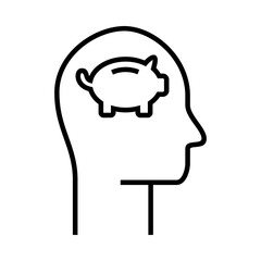 A simple line illustration showing a human head outline with a piggy bank inside, representing financial mindset and smart saving habits.