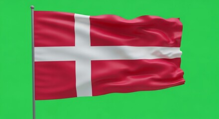 Denmark flag waving on green screen. National Danish banner for chromakey compositing, patriotism, national day concept.