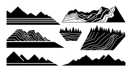 Collection of stylized mountain and forest landscape icons. Modern black vector silhouettes ideal for logos, banners, and creative branding projects.