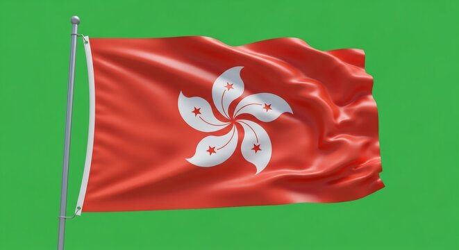 Hong Kong flag waving on a green screen. Chroma key backdrop for independence day or national day celebration.