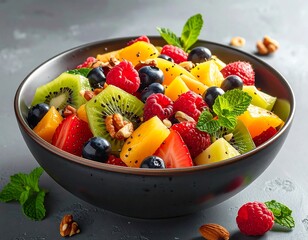 Delicious and colorful fruit salad with a variety of fresh fruits in a black bowl