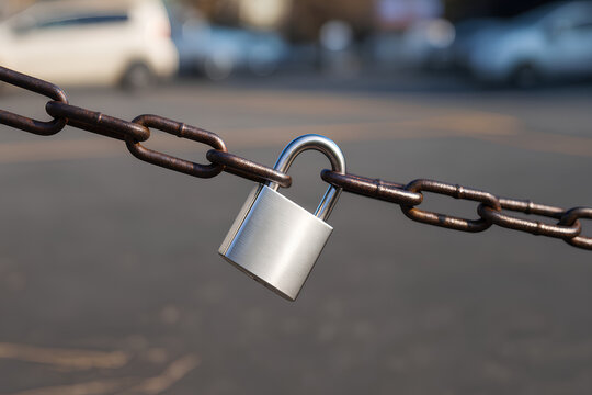 A stainless padlock hanging on a rusty chain outdoors.