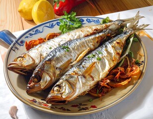 Delicious grilled fish dish with fresh garnish and lemon served on a platter