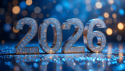 2026 numbers with blue and gold glitter on dark background year celebration