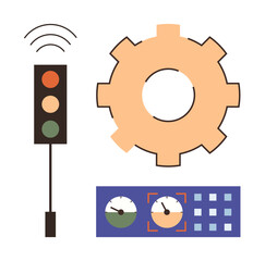 Traffic light with wireless signal, gear depicting automation, and control panel with dials and grid. Ideal for technology, innovation, engineering, smart city, automation, transportation workflow