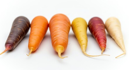 Variety of colorful carrots on white surface