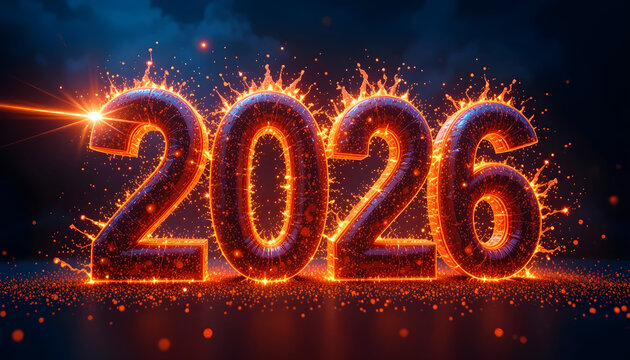 Fiery 2026 numbers explode with orange light and sparks year celebration