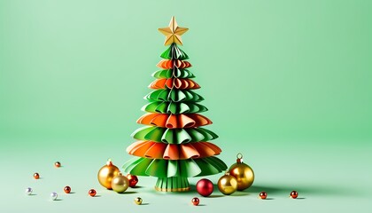A unique Christmas tree adorned with ornaments stands in a studio. The festive spirit is embodied by the cheerful colors of the season.