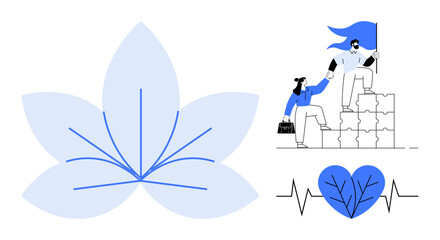 Abstract flower, teamwork figures climbing blocks, heart with heartbeat line. Ideal for leadership, wellness, growth, unity, progress support health awareness. Simplistic flat metaphor
