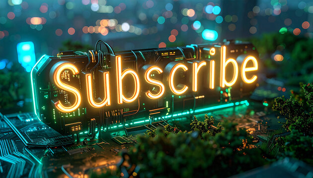Futuristic subscribe message – glowing neon text on futuristic circuit board - Powered by Adobe
