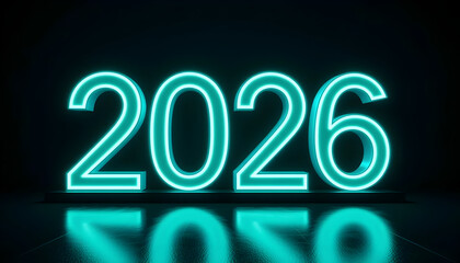 Glowing turquoise 2026 numbers on a dark reflective surface year neon