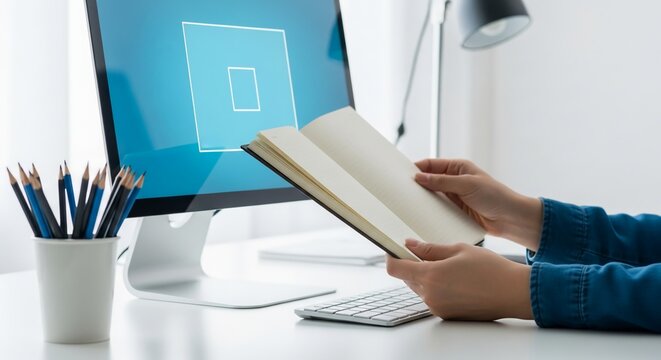 Holding open notebook near glowing monitor symbolizing effective multitasking and creative digital planning