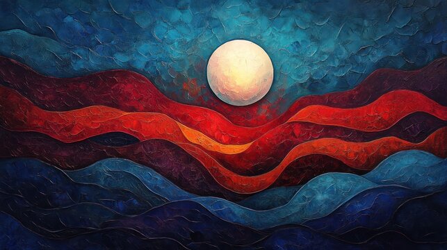 Abstract moonset over stylized waves, night sky, art print