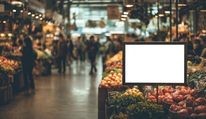 A blurred view captures the vibrant energy of a bustling farmer's market, showcasing fresh produce and a blank sign ready for personalized messaging or advertising within the lively scene.
