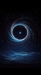 A visually stunning abstract depiction of a swirling vortex of blue and white light against a backdrop of a starry night sky, with glowing blue waves at the bot