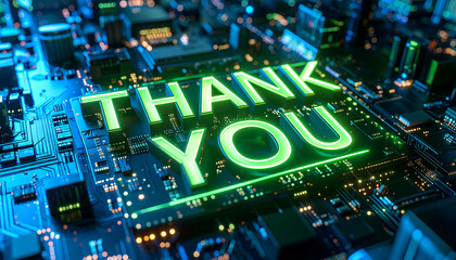 Thank you message – neon green text on high-tech circuit board