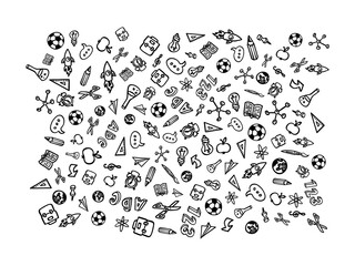 Hand drawn back to school doodle icons set featuring pencil, ABC, scissors, and football sketches, perfect for education themes, classroom posters, and creative learning designs.