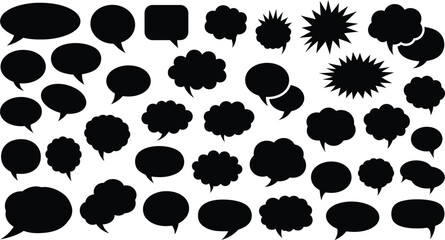 Collection of black speech and thought bubble silhouettes, communication icons isolated on white background