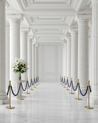 Fototapeta premium Elegant white marble corridor with columns, flowers, and velvet ropes creating a grand entrance