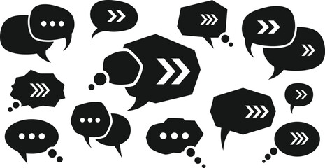 Fototapeta premium Set of black speech bubbles with ellipses and double arrows, chat and forward action, isolated on white background