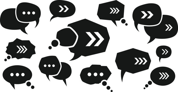 Set of black speech bubbles with ellipses and double arrows, chat and forward action, isolated on white background