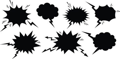 Set of black comic speech bubbles and explosion shapes with lightning bolts, isolated on white background