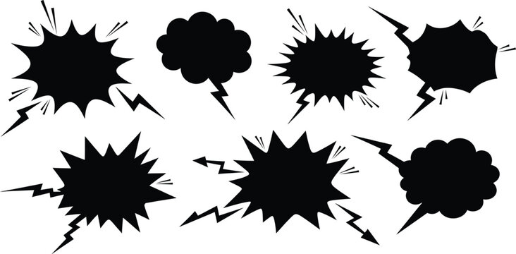 Set of black comic speech bubbles and explosion shapes with lightning bolts, isolated on white background