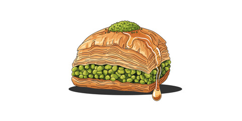 Illustration of Traditional Baklava with Flaky Pastry, Pistachios, and Sweet Syrup