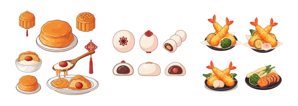 Cartoon Illustration of Asian Festival Foods: Mooncake, Nian Gao, Tangyuan, and Tempura