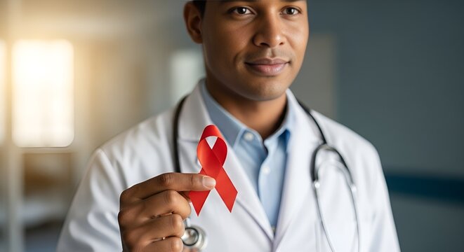 M&eacute;dico M&eacute;dica segurando fita vermelha com express&atilde;o de confian&ccedil;a e fundo desfocado sobre Dezembro Vermelho