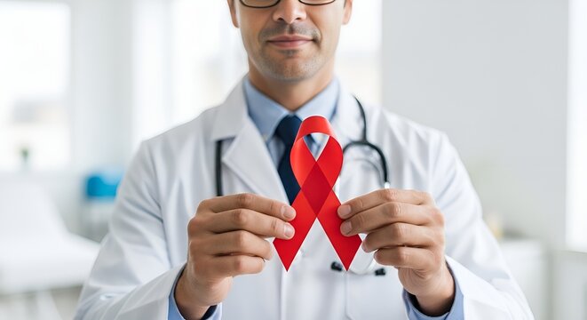 M&eacute;dico M&eacute;dica segurando fita vermelha com express&atilde;o de confian&ccedil;a e fundo desfocado sobre Dezembro Vermelho