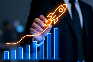 Startup rocket launch symbolizing business growth and success with glowing digital arrow, innovation strategy, market performance, leadership vision, venture capital progress, strong business moment