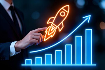 Glowing startup rocket launch illustrating business growth, innovation strategy and future success with digital charts, market performance goals, leadership vision and modern entrepreneurial expansion