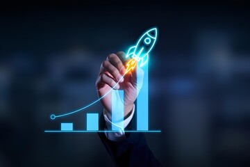 Digital startup rocket launch representing business success, innovation, strategic development, market analysis, investment growth, leadership goals, future planning or powerful entrepreneurial moment