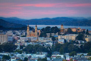 Bird view of St. Ignatius Church and Golden Gate Bay at Sunset, San Francisco