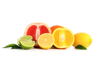 Different tasty citrus fruits isolated on white background
