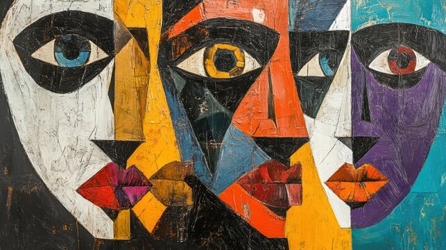 Abstract cubist faces, colorful collage, art gallery, modern painting