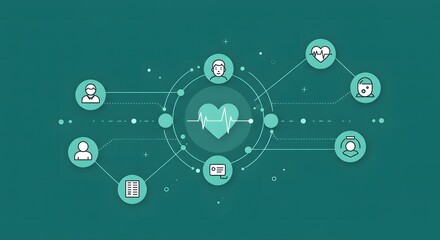 Healthcare, Technology, Modern medical network illustration with heart, user profiles an