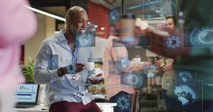 Foreground tapping phone, seated man stirring spoon laughing, UI panels appearing for tech briefing