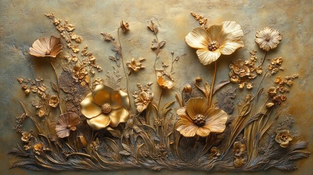 Golden floral relief wall art, textured background, home decor