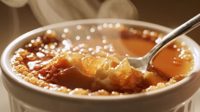 Spoon breaking into caramelized sweet dessert in ramekin